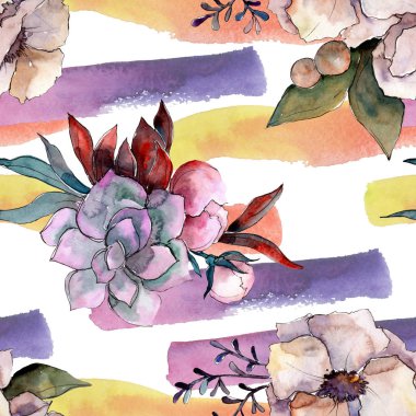 Buket çiçek botanik çiçekler. Suluboya arka plan illüstrasyon küme. Sorunsuz arka plan deseni.