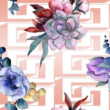Buket çiçek botanik çiçekler. Suluboya arka plan illüstrasyon küme. Sorunsuz arka plan deseni.