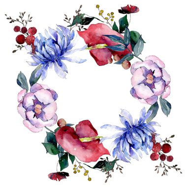 Buket çiçek botanik çiçekler. Suluboya arka plan illüstrasyon küme. Çerçeve kenarlığı süsleme Meydanı.