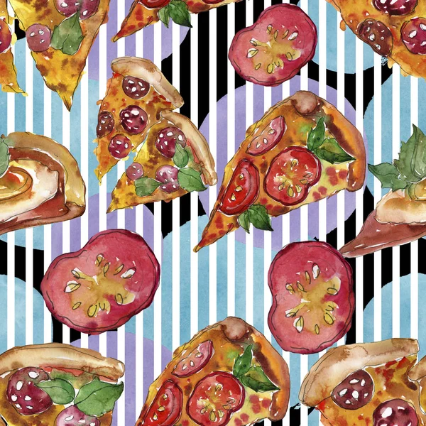 Швидка їжа італійська піца в акварельному стилі ізольований набір. Безшовний фон з аквареллю . — стокове фото