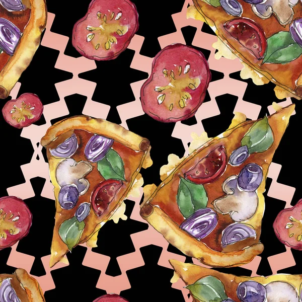 Rychlé občerstvení pizza itallian ve stylu akvarelu izolovaný sada. Vzor bezešvé pozadí akvarel. — Stock fotografie
