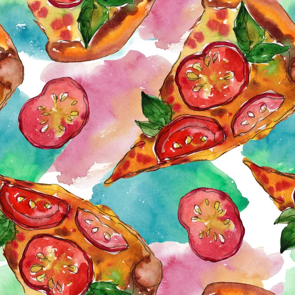 Restauration rapide pizza itallienne dans un ensemble isolé de style aquarelle. Aquarelle motif de fond sans couture . — Photo