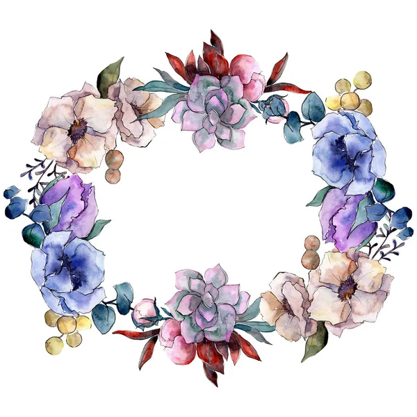 Buket çiçek botanik çiçekler. Suluboya arka plan illüstrasyon küme. Çerçeve kenarlığı süsleme Meydanı.