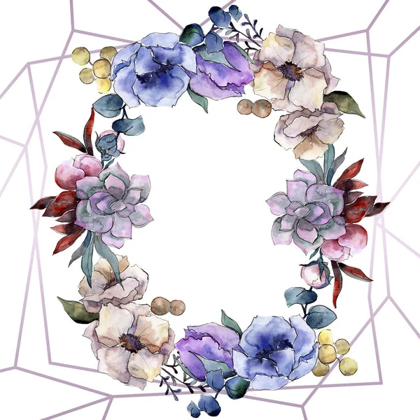 Bouquet floreale fiori botanici. Acquerello sfondo illustrazione set. Quadrato ornamento bordo cornice . — Foto Stock