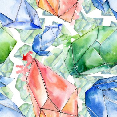 Renkli elmas taş takı mineraller. Suluboya kristal taş arka plan ayarlayın. Sorunsuz arka plan deseni.