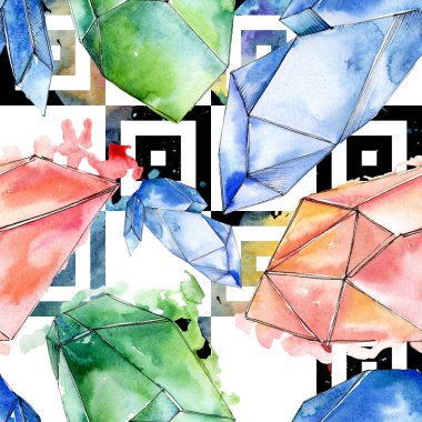 Renkli elmas taş takı mineraller. Suluboya kristal taş arka plan ayarlayın. Sorunsuz arka plan deseni.