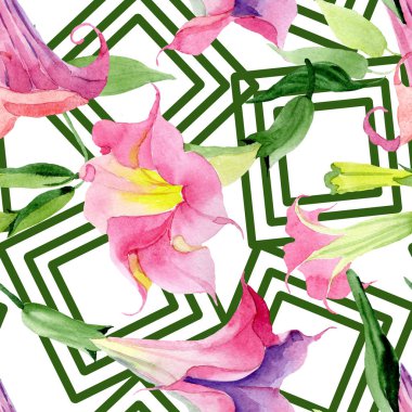 Pembe Brugmansia Floral botanik çiçekleri. Suluboya arka plan illüstrasyon seti. Kesintisiz arka plan deseni.