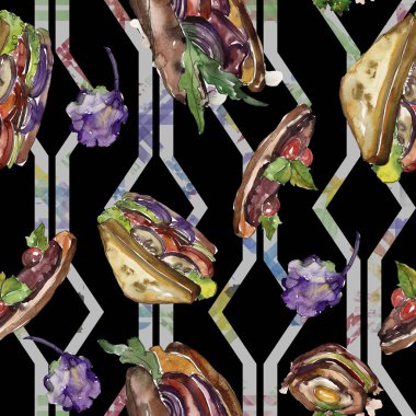 Bir suluboya tarzında sandviç. Suluboya lokanta illüstrasyon öğesi. Sorunsuz arka plan deseni.