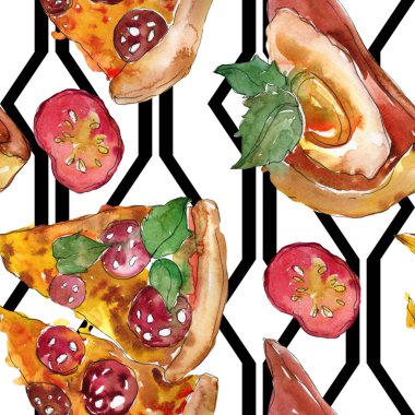 Fast food itallian pizza izole bir suluboya tarzında ayarlayın. Suluboya sorunsuz arka plan deseni.