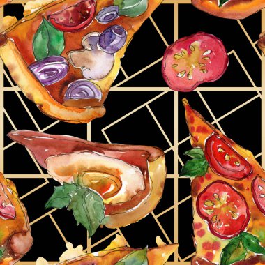 Fast food itallian pizza izole bir suluboya tarzında ayarlayın. Suluboya sorunsuz arka plan deseni.