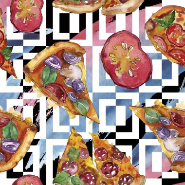 Fast food itallian pizza izole bir suluboya tarzında ayarlayın. Suluboya sorunsuz arka plan deseni.