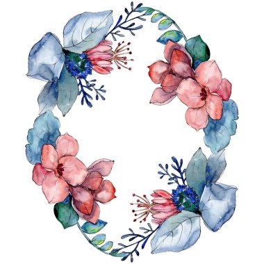 Buket çiçek botanik çiçekler. Suluboya arka plan illüstrasyon küme. Çerçeve kenarlığı süsleme Meydanı.