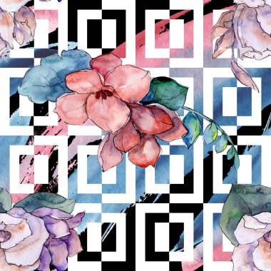 Buket çiçek botanik çiçekler. Suluboya arka plan illüstrasyon küme. Sorunsuz arka plan deseni.