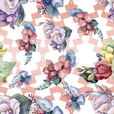 Buket çiçek botanik çiçekler. Suluboya arka plan illüstrasyon küme. Sorunsuz arka plan deseni.