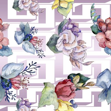 Buket çiçek botanik çiçekler. Suluboya arka plan illüstrasyon küme. Sorunsuz arka plan deseni.
