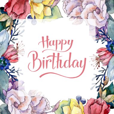 Buket çiçek botanik çiçekler. Suluboya arka plan illüstrasyon küme. Çerçeve kenarlığı süsleme Meydanı.