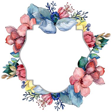 Buket çiçek botanik çiçekler. Suluboya arka plan illüstrasyon küme. Çerçeve kenarlığı süsleme Meydanı.