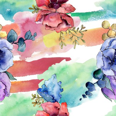 Buket çiçek botanik çiçekler. Suluboya arka plan illüstrasyon küme. Sorunsuz arka plan deseni.