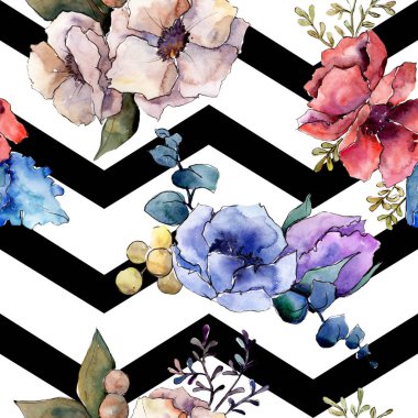 Buket çiçek botanik çiçekler. Suluboya arka plan illüstrasyon küme. Sorunsuz arka plan deseni.