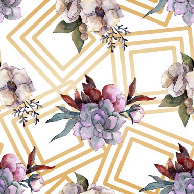 Buket çiçek botanik çiçekler. Suluboya arka plan illüstrasyon küme. Sorunsuz arka plan deseni.