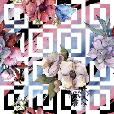 Buket çiçek botanik çiçekler. Suluboya arka plan illüstrasyon küme. Sorunsuz arka plan deseni.