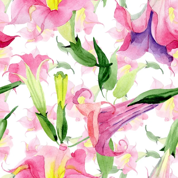 Brugmansia rosa flores botánicas florales. Conjunto de ilustración de fondo acuarela. Patrón de fondo sin costuras . — Foto de Stock