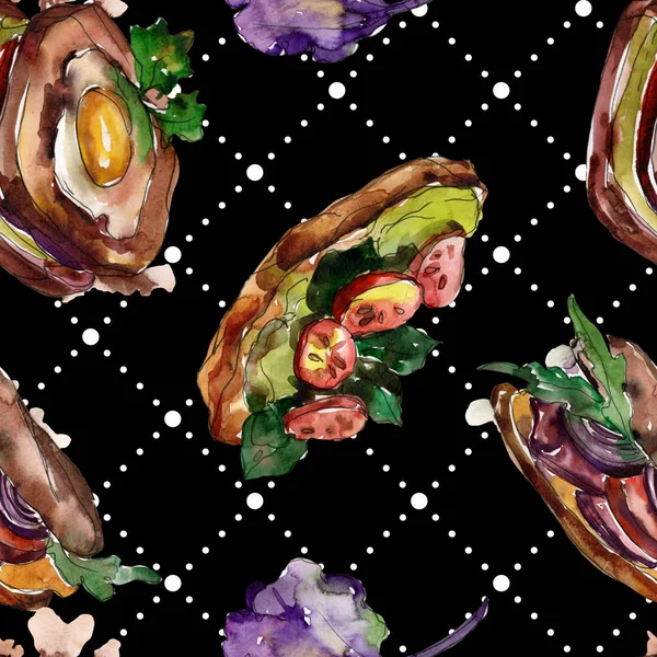 Sandwich in a watercolor style. Watercolour fast food illustration element. Seamless background pattern. — Stock Photo, Image