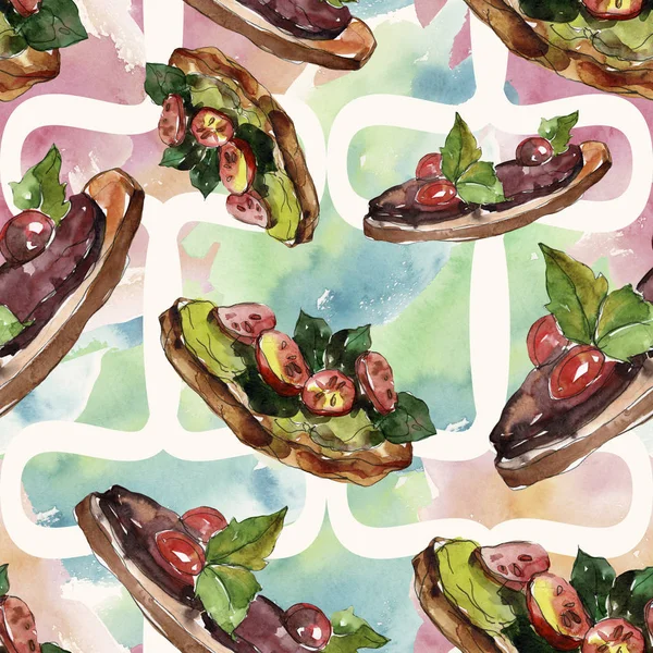 Sandwich in een aquarel stijl. Aquarel fastfood illustratie element. Naadloze achtergrondpatroon. — Stockfoto