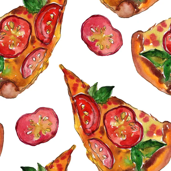 Restauration rapide pizza itallienne dans un ensemble isolé de style aquarelle. Aquarelle motif de fond sans couture . — Photo
