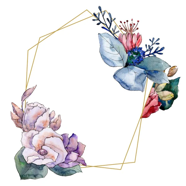 Bouquet floreale fiori botanici. Acquerello sfondo illustrazione set. Quadrato ornamento bordo cornice . — Foto Stock