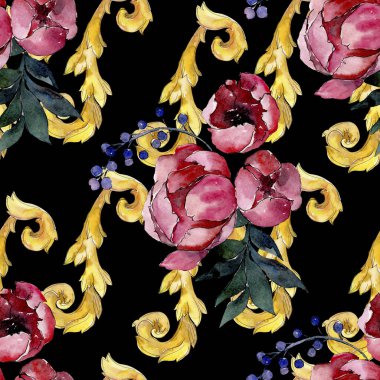 Buket çiçek botanik çiçekler. Suluboya arka plan illüstrasyon küme. Sorunsuz arka plan deseni.