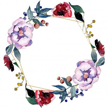 Buket çiçek botanik çiçekler. Suluboya arka plan illüstrasyon küme. Çerçeve kenarlığı süsleme Meydanı.