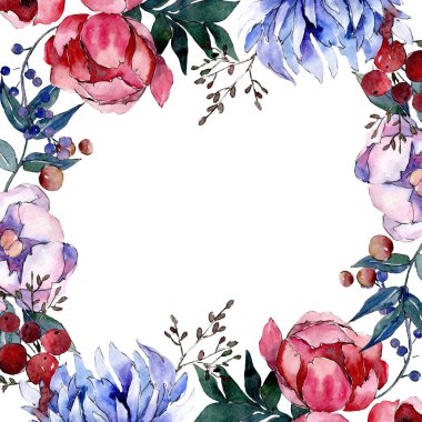 Buket çiçek botanik çiçekler. Suluboya arka plan illüstrasyon küme. Çerçeve kenarlığı süsleme Meydanı.