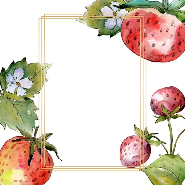 Aardbei gezond voedsel. Aquarel achtergrond illustratie instellen. Frame rand ornament vierkant. — Stockfoto