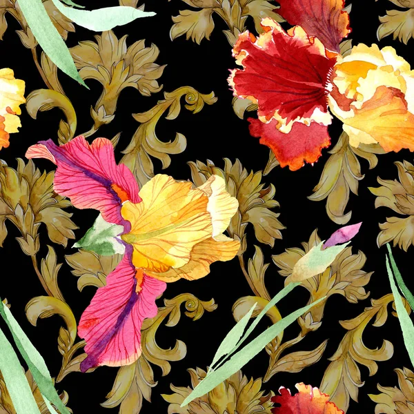 Kırmızı Bold karşılaşma iris çiçek botanik çiçekler. Suluboya arka plan illüstrasyon seti. Kesintisiz arka plan deseni.