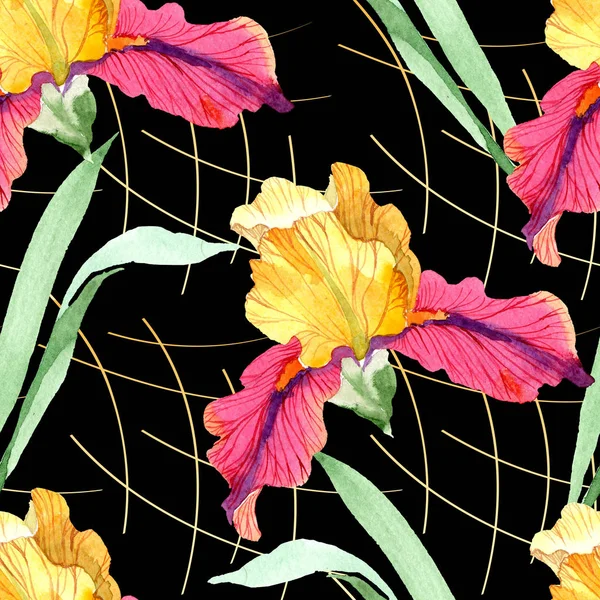 Kırmızı Bold karşılaşma iris çiçek botanik çiçekler. Suluboya arka plan illüstrasyon seti. Kesintisiz arka plan deseni. — Stok fotoğraf