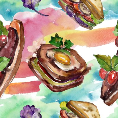 Bir suluboya tarzında sandviç. Suluboya lokanta illüstrasyon öğesi. Sorunsuz arka plan deseni.