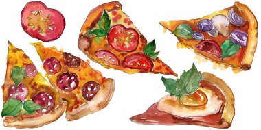 Fast food itallian pizza izole bir suluboya tarzında. Aquarelle gıda resimde arka planı için.
