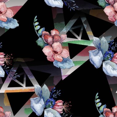 Buket çiçek botanik çiçekler. Suluboya arka plan illüstrasyon küme. Sorunsuz arka plan deseni.