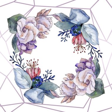 Buket çiçek botanik çiçekler. Suluboya arka plan illüstrasyon küme. Çerçeve kenarlığı süsleme Meydanı.