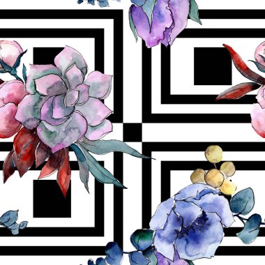 Buket çiçek botanik çiçekler. Suluboya arka plan illüstrasyon küme. Sorunsuz arka plan deseni.