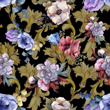 Buket çiçek botanik çiçekler. Suluboya arka plan illüstrasyon küme. Sorunsuz arka plan deseni.