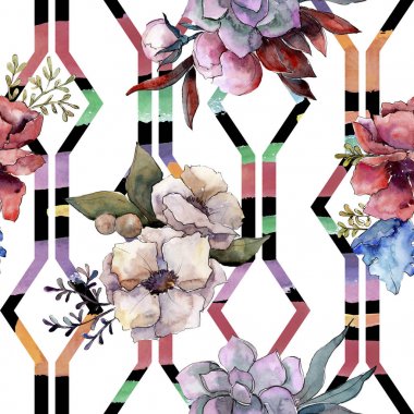 Buket çiçek botanik çiçekler. Suluboya arka plan illüstrasyon küme. Sorunsuz arka plan deseni.