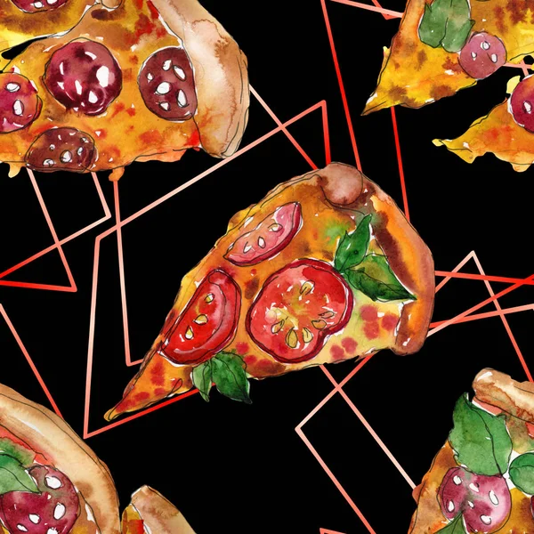 Fast food itallian pizza izole bir suluboya tarzında ayarlayın. Suluboya sorunsuz arka plan deseni. — Stok fotoğraf