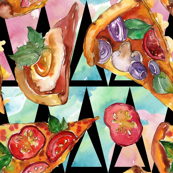 Rychlé občerstvení pizza itallian ve stylu akvarelu izolovaný sada. Vzor bezešvé pozadí akvarel. — Stock fotografie