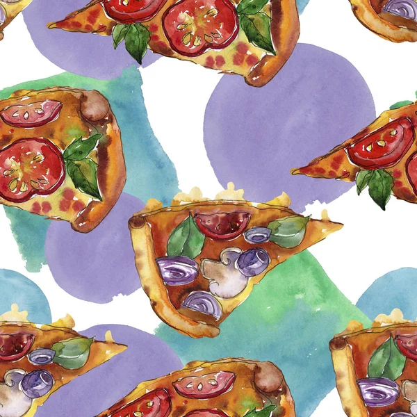 Fast food itallian pizza in a watercolor style isolated set. Watercolour seamless background pattern. — Stock Photo, Image