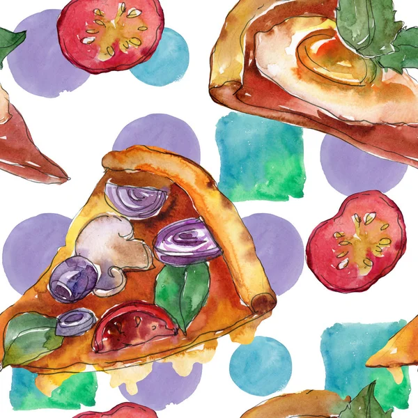 Fast Food italienische Pizza in einem Aquarell-Stil isoliert Set. Aquarell nahtloses Hintergrundmuster. — Stockfoto