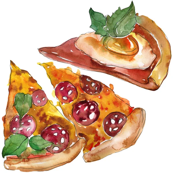 Szybkie jedzenie włoskie pizza w stylu przypominającym akwarele na białym tle. Aquarelle ilustracja jedzenie dla tła. — Zdjęcie stockowe