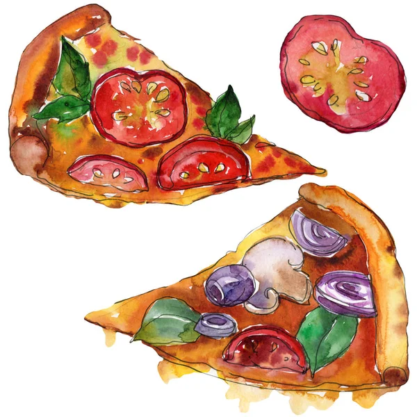 Szybkie jedzenie włoskie pizza w stylu przypominającym akwarele na białym tle. Aquarelle ilustracja jedzenie dla tła. — Zdjęcie stockowe