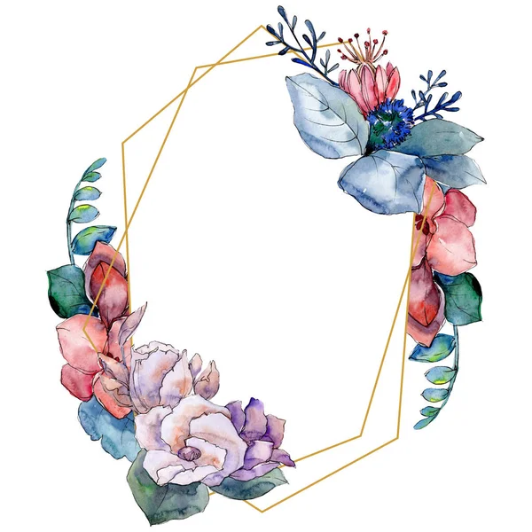 Buquê flores botânicas florais. Conjunto de ilustração de fundo aquarela. Quadro borda ornamento quadrado . — Fotografia de Stock